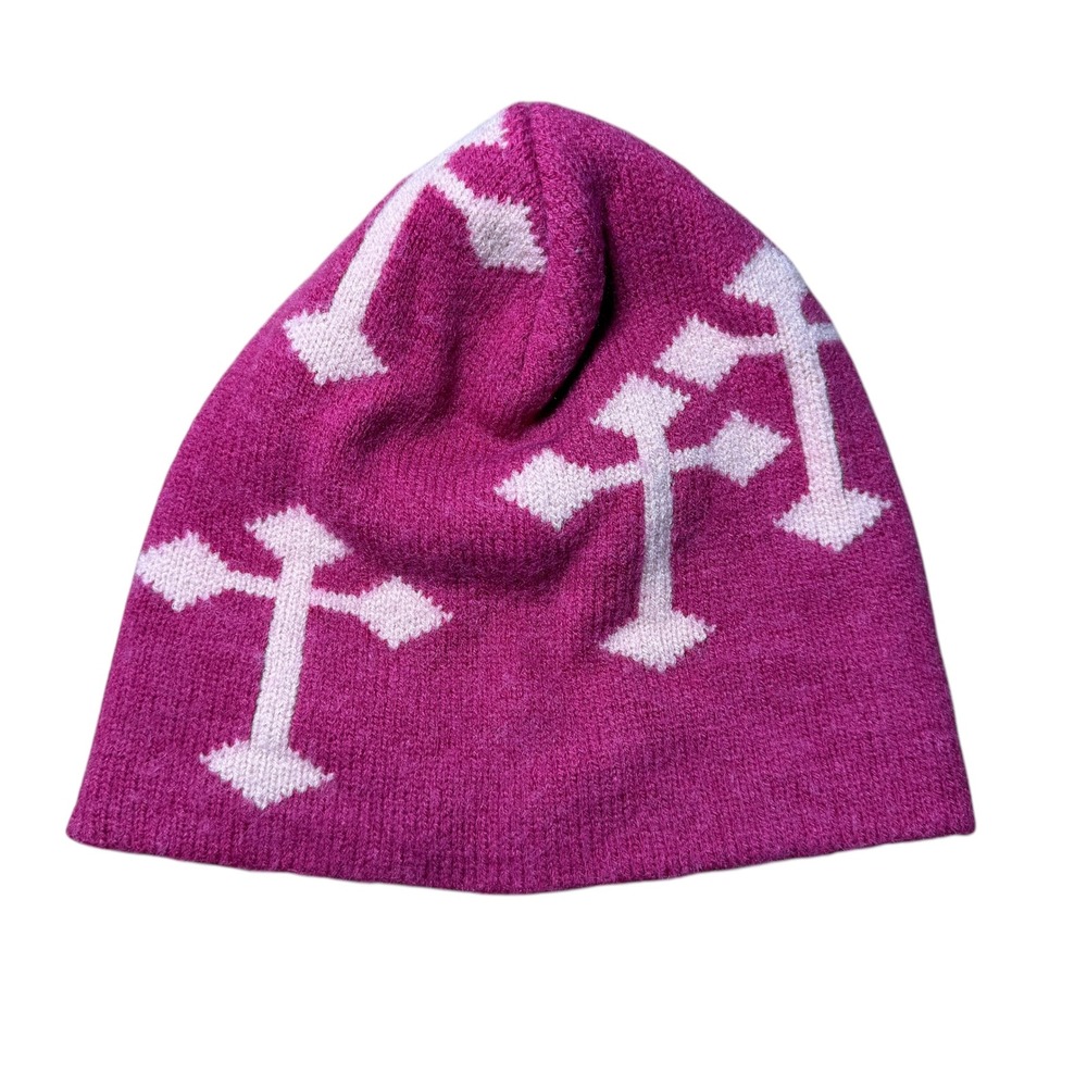 Cross Pattern Reversible Beanie Hat Goth Y2K OS Pink Magenta Grunge
